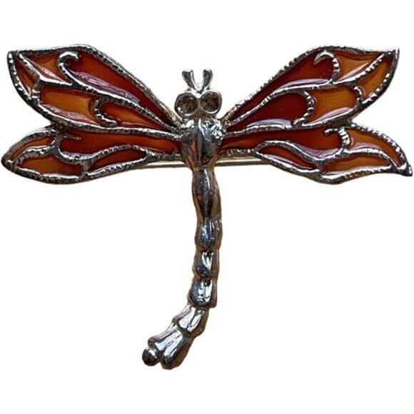 Dragonfly Dual Pendand Brooch Pin With Amber & Silver Toned Wings - Picture 1 of 4